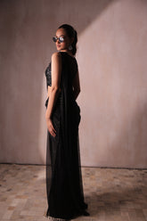 Black Glitter Pre-Draped Saree with Sequin Embroidered Blouse | Ready-to-Wear Cocktail Sari